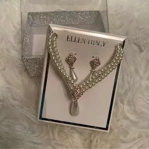 Ellen Tracy Jewelry Pearl Pav Rhinestone Necklace Earring Set